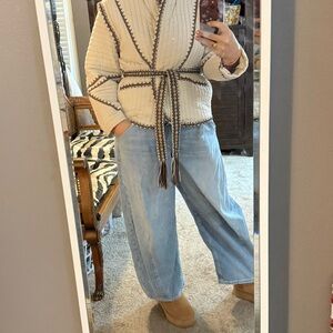 Anthropologie Magaschoni Ivory Embroidered Quilted Oversized Belted Jacket